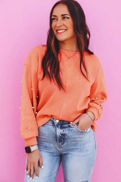 Women‚Äôs Blossom Pullover Sweatshirt with Pearled Sleeves, Drop Shoulder, and Round Neck Casual Chic in Soft Pink