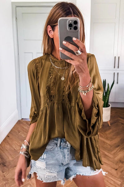 Elegant Women's Jungle Green Silky Lace Frilled Blouse - Chic Long Sleeve Round Neck Top for Fashionable Looks