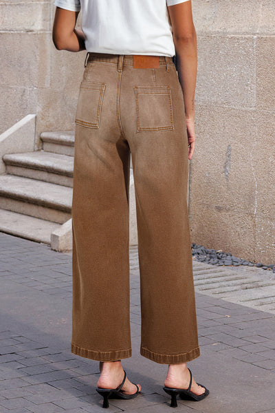 Stylish Brown Minimalist Women's Shift Jeans with Functional Patch Pockets for Effortless Comfort and Versatile Fashion