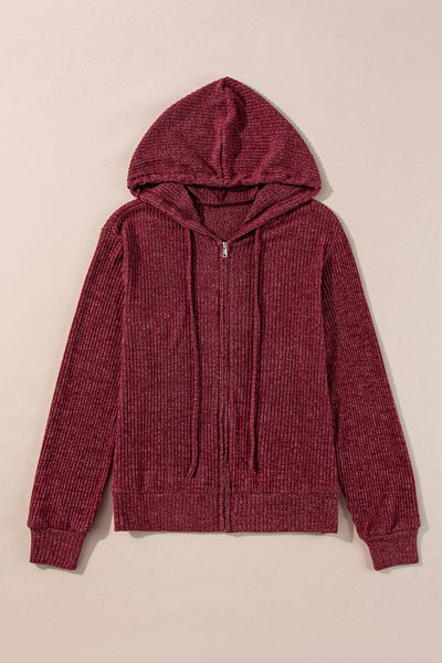 Women's Red Dahlia Ribbed Zip-Up Hoodie with Drawstring - Stylish and Comfortable Casual Wear for Everyday Fashion