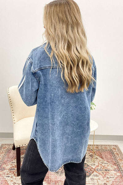 Classic Blue Women's Loose-Fit Denim Jacket with Varsity Stripes and Button Closure for Effortless Style