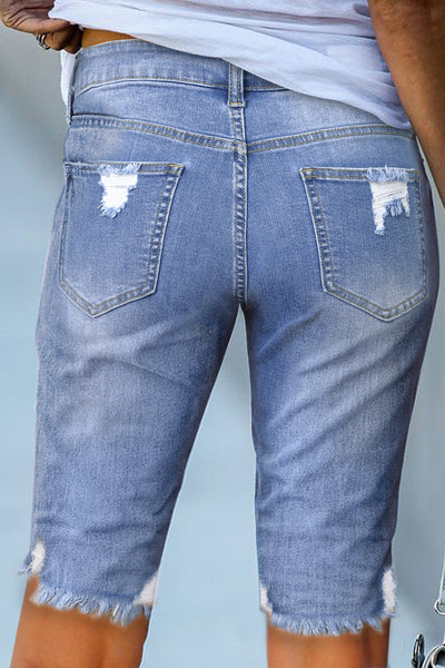 Blue Raw Hem Denim Jorts with Distressed Details, Mid-Stretch Slash Pockets Bermuda Denim Shorts, Women's Denim Jeans & Apparel