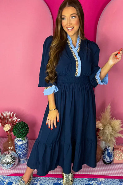 Elegant Women's Navy Blue Flowy Midi Dress with Ruffled 3/4 Sleeves and Stylish Contrast Frill for Casual Chic Look