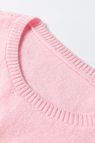 Cozy Women's Pink Knitted Sweater with Floral Design & Ribbed Edges - Perfect for Casual Outings and Everyday Style
