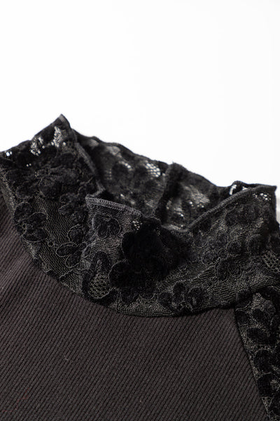 Chic Women's Black Floral Lace Long Sleeve Top - Slim Fit High Neck with Trendy Patchwork Design