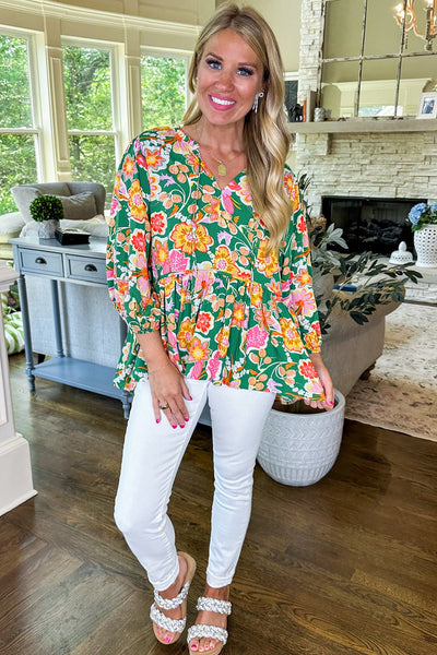 Women's Green Floral Puff Sleeve V-Neck Peplum Blouse - Chic & Flattering Top for Casual or Dressy Events