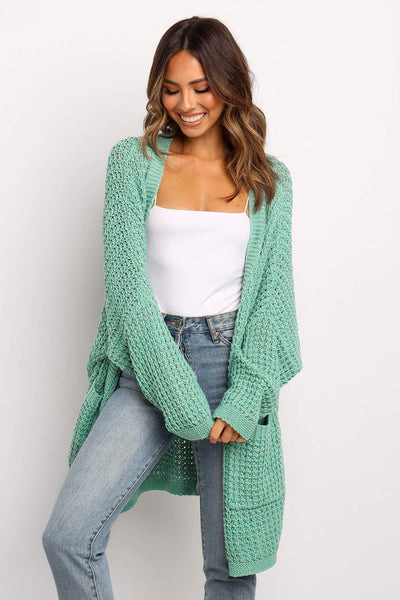 Cozy Women's Green Long Knit Cardigan with Pockets - Stylish Open Front for Effortless Layering and Everyday Comfort