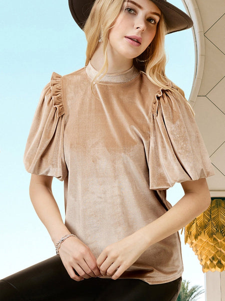 Romantic French Beige Ruffled Puff Sleeve Mock Neck Velvet Blouse