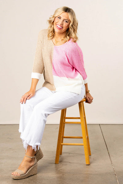 Cozy Women's Pink Color Block V-Neck Knit Sweater - Loose Fit for Casual Outings and Stylish Layering