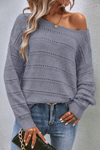 Light Grey Pointelle Knit Sweater for Women - Cozy Boat Neck, Drop Shoulder Design for Effortless Everyday Style