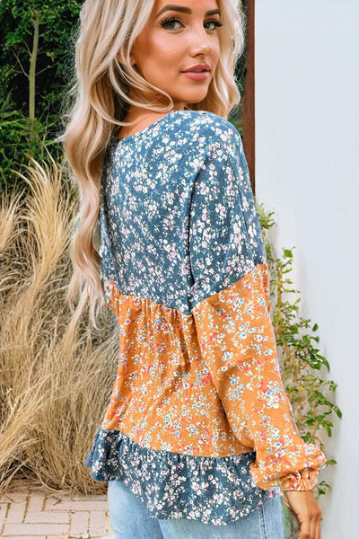 Trendy Women's Orange Floral Color Block Blouse with Ruffled Hem - Stylish Round Neck Top for Any Occasion