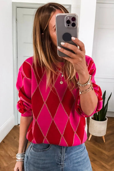 Stylish Women's Rose Red Glitter Knit Sweater with Rhombus Design for Casual Everyday Fashion made for easy styling and wardrobe coordination, with