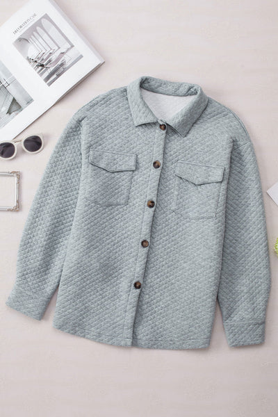 Women's Gray Retro Quilted Shacket with Pockets - Trendy Button-Up Jacket for Chic Layered Style and Comfort made for easy styling and wardrobe