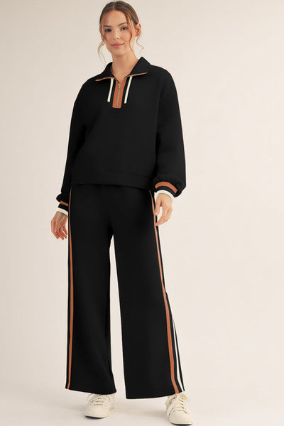 Stylish Women's Black Striped Quarter Zip Pullover & Relaxed Fit Pants Set for Effortless Everyday Chic