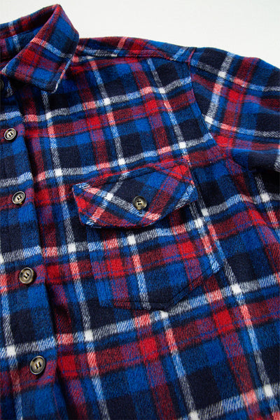 Women's Stylish Navy Blue Plaid Shacket with Flap Pockets - Trendy Button-Up Layering Essential for Fall Outfits