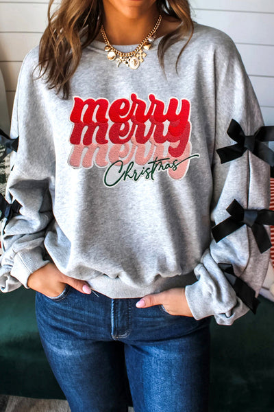 Festive Women's Merry Christmas Graphic Sweatshirt with Ribbon Bow, Split Sleeves, and Relaxed Fit for Holiday Cheer