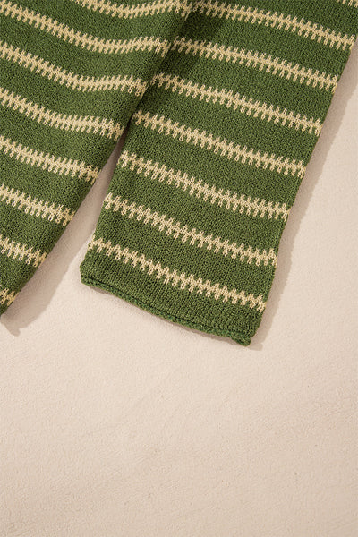 Cozy Women's Green Stripe Drop Shoulder Sweater - Effortless Casual Style for Everyday Comfort and Versatile Wear