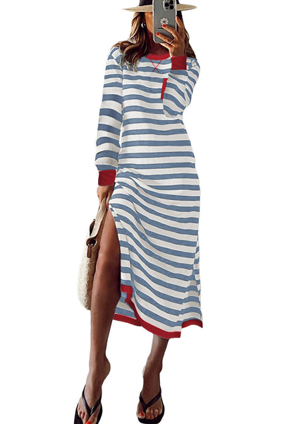 Chic Sky Blue Striped Midi Dress for Women with Long Sleeves, Contrast Edges, and Stylish Side Slits