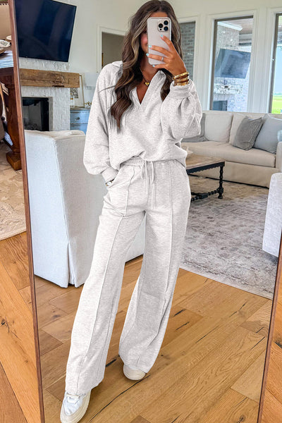 Women's Light Grey V-Neck Polo & Drawstring Sweatpants Set - Stylish Casual Loungewear for Comfort and Relaxation