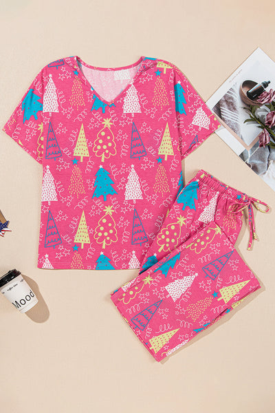 Women's Rose Christmas Tree Print V-Neck Lounge Set