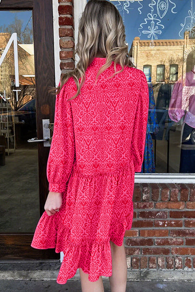 Women's Pink Bohemian Long Sleeve Mini Dress with Ruffled Hem and Chic Shirt Collar for Effortless Style