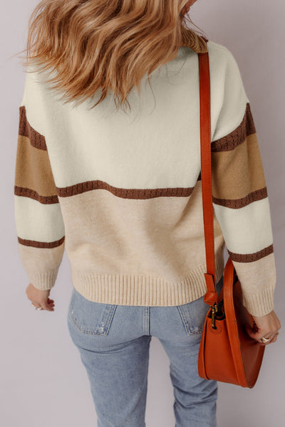 Cozy Women's Colorblock Pullover Sweater in Parchment with Zipped Collar - Perfect for Casual Chic Style