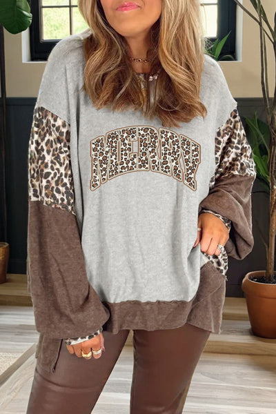 Women's Leopard Patchwork 'MERRY' Graphic Sweatshirt in Gray