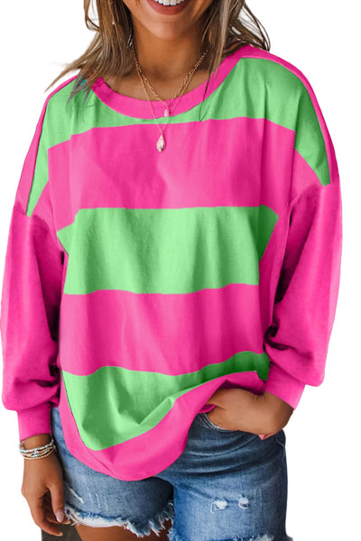 Women's Casual Chic Light Green Colorblock Striped Loose Fit Drop Shoulder Top - Effortless Style for Everyday Wear