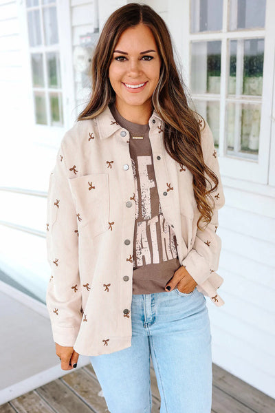 Women's Stylish Jet Stream Corduroy Shacket with Bow Embroidery - Chic Button-Down Layer for Effortless Fall Fashion