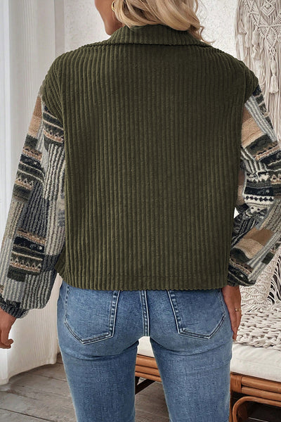 Women's Cozy Jungle Green Ribbed Fleece Plaid Jacket - Effortless Layering with Stylish Patchwork Design