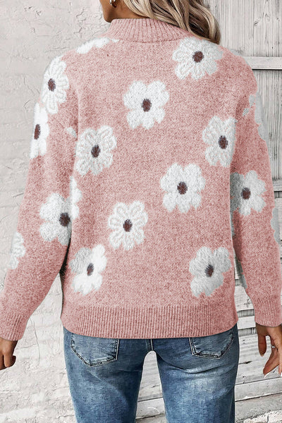 Cozy Women's Pink Floral Half Zip Sweater with Drop Shoulder - Trendy Casual Style for Spring and Summer Wear