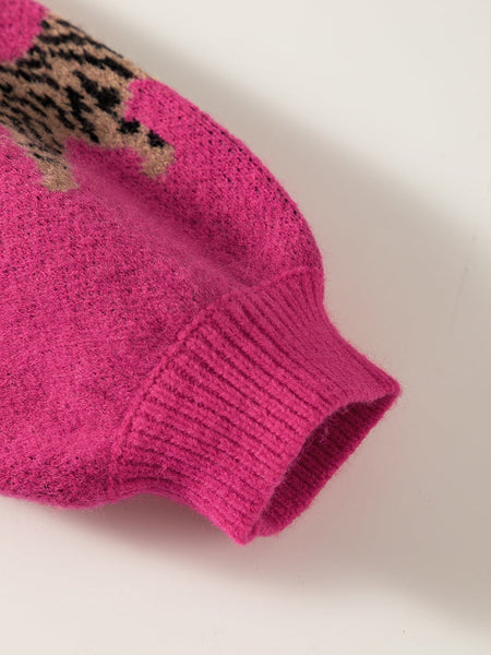 Fierce Leopard Print Rose Red Knit Sweater for Casual Chic