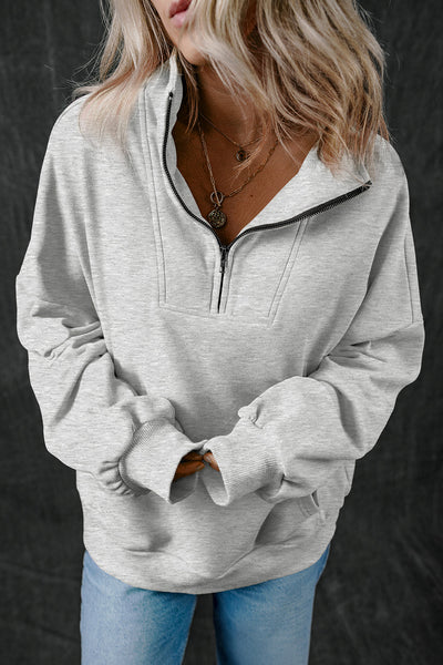 Cozy Women's Light Grey Zip-Up Sweatshirt with Stand Neck & Kangaroo Pocket - Perfect for Everyday Casual Style