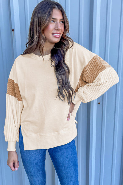 Cozy Women's Apricot Corduroy Patchwork Sweatshirt - Long Sleeve, Drop Shoulder, Perfect for Casual Everyday Style