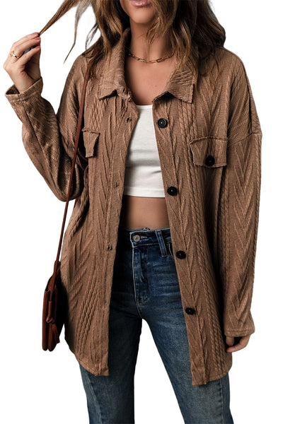 Oversized Khaki Textured Knit Shacket with Button Front