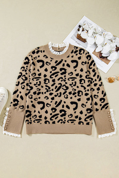 women's trendy plus size women's brown leopard knit sweater with lacy trim and cuffed sleeves for a chic look with practical styling and dependable