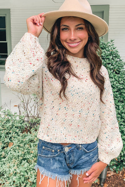Trendy Women's Apricot Confetti Print Puff Sleeve Sweater - Cozy Fall Fashion Essential for Effortless Style