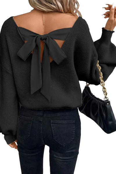 Cozy Women's Black Lantern Sleeve V-Neck Sweater with Knot Back Stylish and Comfortable for Every Occasion