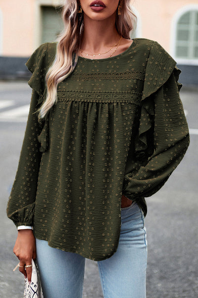 Elegant Women's Blackish Green Lace Blouse with Ruffle Sleeves - Chic Long Sleeve Top for Stylish Casual Outfits