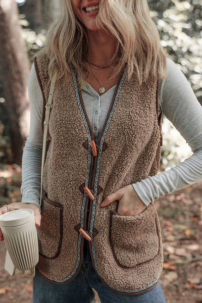 Women's Dark Khaki Sherpa Vest with Geometric Trim and Toggles with practical styling and dependable silhouette control.