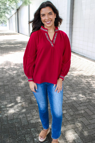 Women's Racing Red Leopard Trim V-Neck Blouse in Textured Crepe