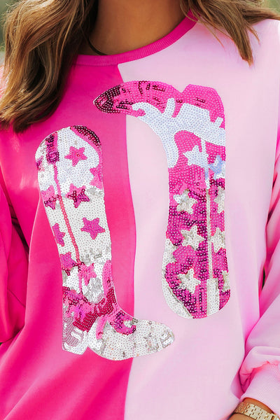 Trendy Women's Pink Color Block Sequined Cowgirl Sweatshirt - Casual Chic Style for Ultimate Comfort and Fashion