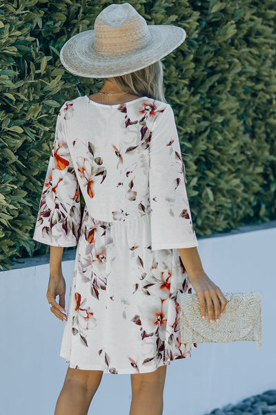 Printed Lace Up Lapel Waist Short Sleeved Midi Dress