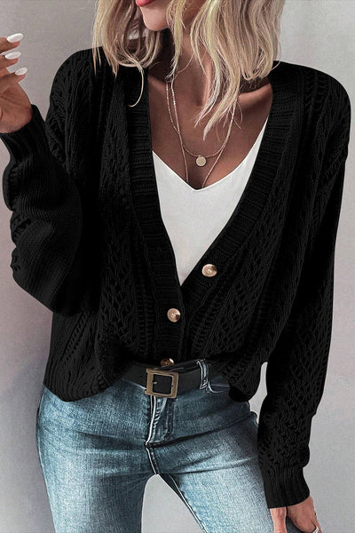 Cozy Black Open Knit Drop Shoulder Cardigan Sweater for Women - Chic Layering Essential for Fall Style