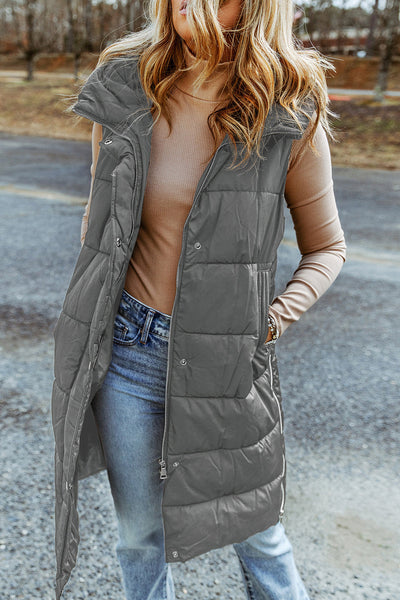 Women's Stylish Dark Grey Hooded Quilted Long Vest Coat - Cozy Winter Outerwear for Ultimate Warmth and Comfort