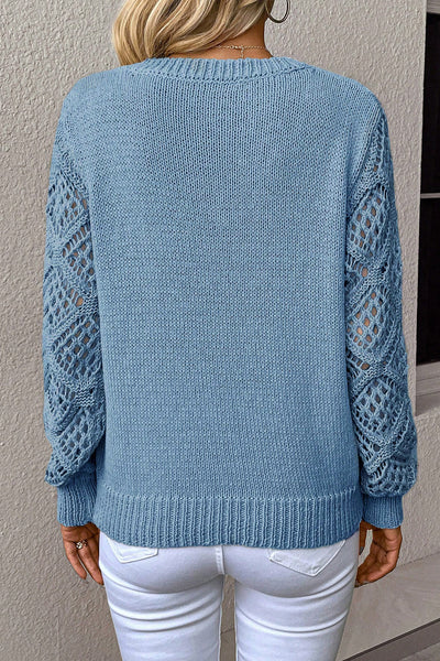 Women's Beau Blue V-Neck Pointelle Knit Sweater with Contrast Sleeves