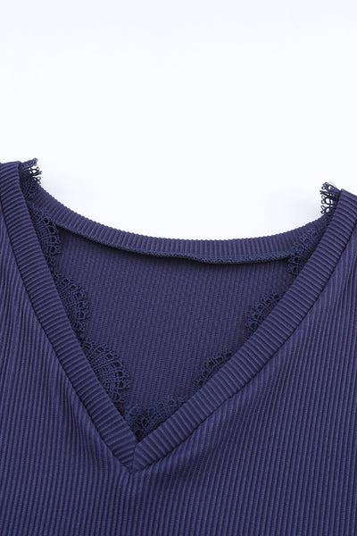 Stylish Women's Blue Ribbed Long Sleeve V-Neck Top with Lace Trim for Comfortable Everyday Wear