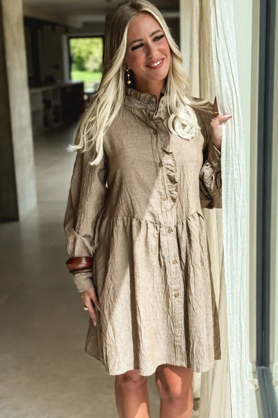 Chic Women's Long Sleeve Khaki Stripe Mini Shirt Dress with Frilled Trim and Button Front for Effortless Style