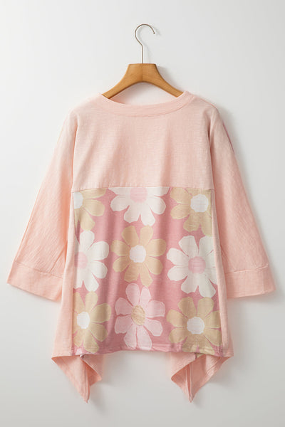 Trendy Women's Oversized Pink Flower Patchwork High-Low Top with Exposed Seams for Boho Chic Style