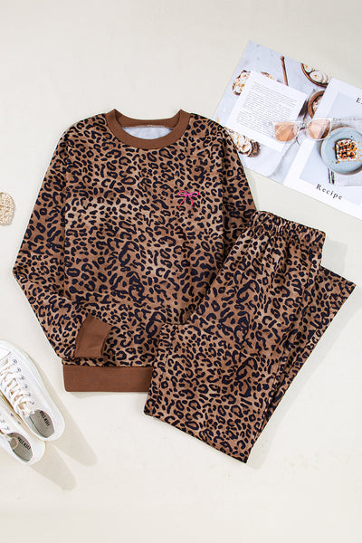 Stylish Women's Coffee Leopard Print Long Sleeve Top and Pants Set - Cozy Contrast Trim Loungewear Ensemble